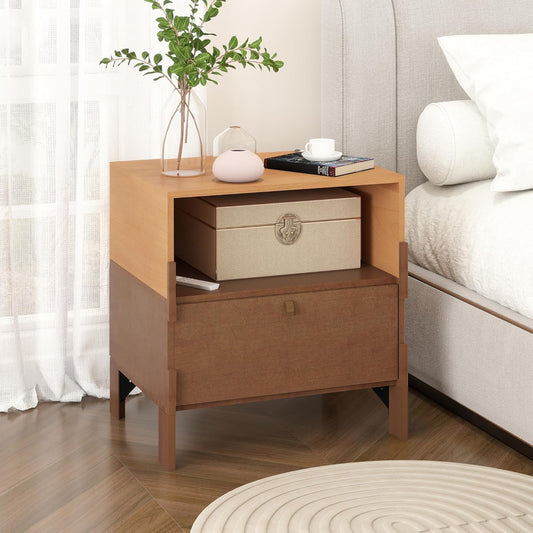 SBS-AL-21-23 Sebastack Night Stand, Customizable 2 Drawers Bedside Table, End Table, Side Table for Bedroom, Mid-Century Style Wood Chest of Furnitures, Basswood and Walnut Color Combo