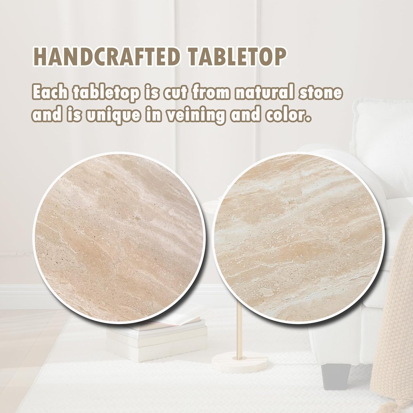 Φ9.8-inch Marble Round Drink Table, Stone Finish Pedestal End Table for Living Room, Weighted Base Small Accent Side Table for Small Space Office - Beige