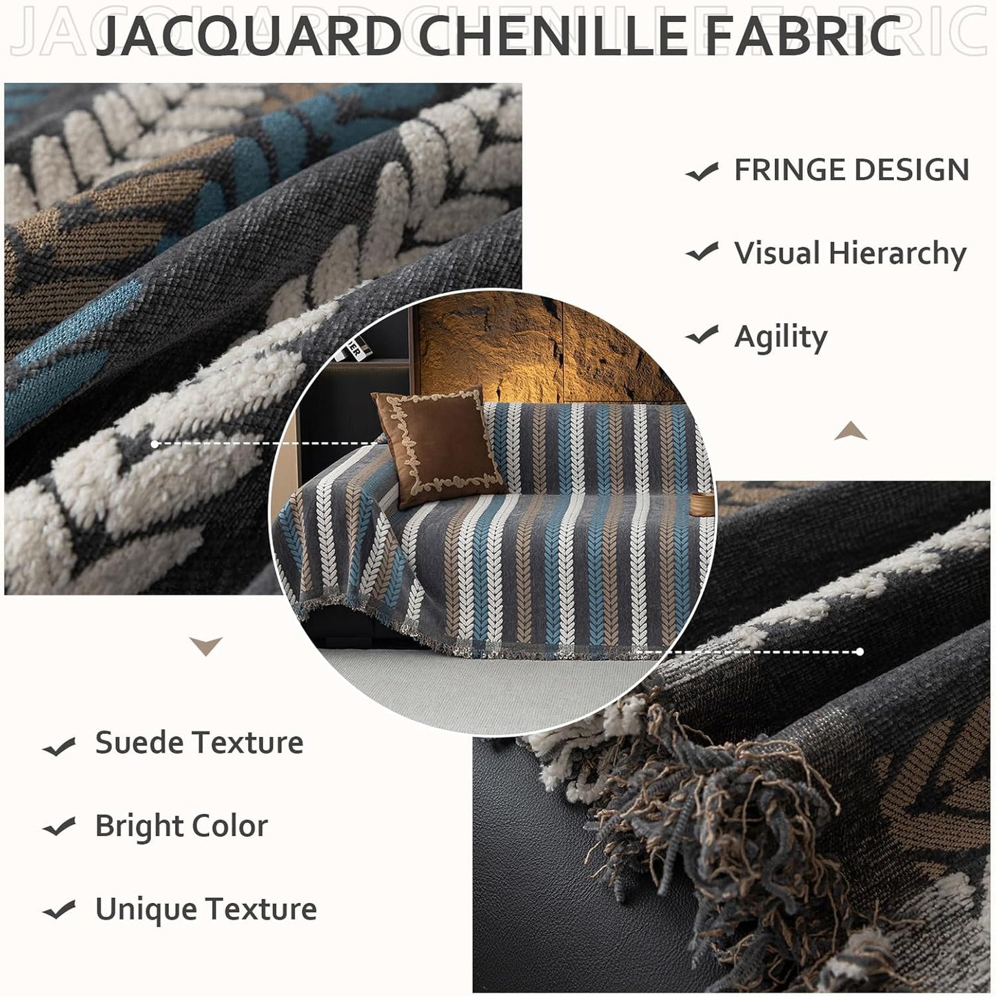 STACYPIK Boho Jacquard Leaves Sofa Cover, Blue Geometric Couch Cover for Dog, Washable Furniture Protector for 3 Cushion Couch, Non Slip Sectional Cover for Loveseat, L Shape Sofa Slipcovers-71X134IN