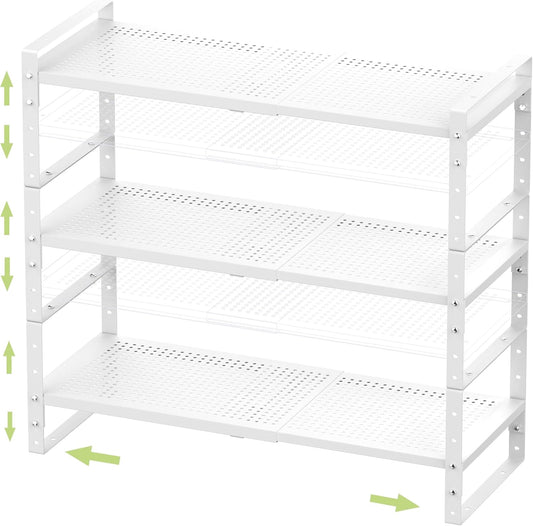 Expandable Stackable Aadjustable Shoe Rack Pantry Shelf for Kitchen Cabinets Counter Shelves Countertop Cupboard Storage Solution,Sturdy Heavy-Duty Metal Construction(3Packs/White/Large)