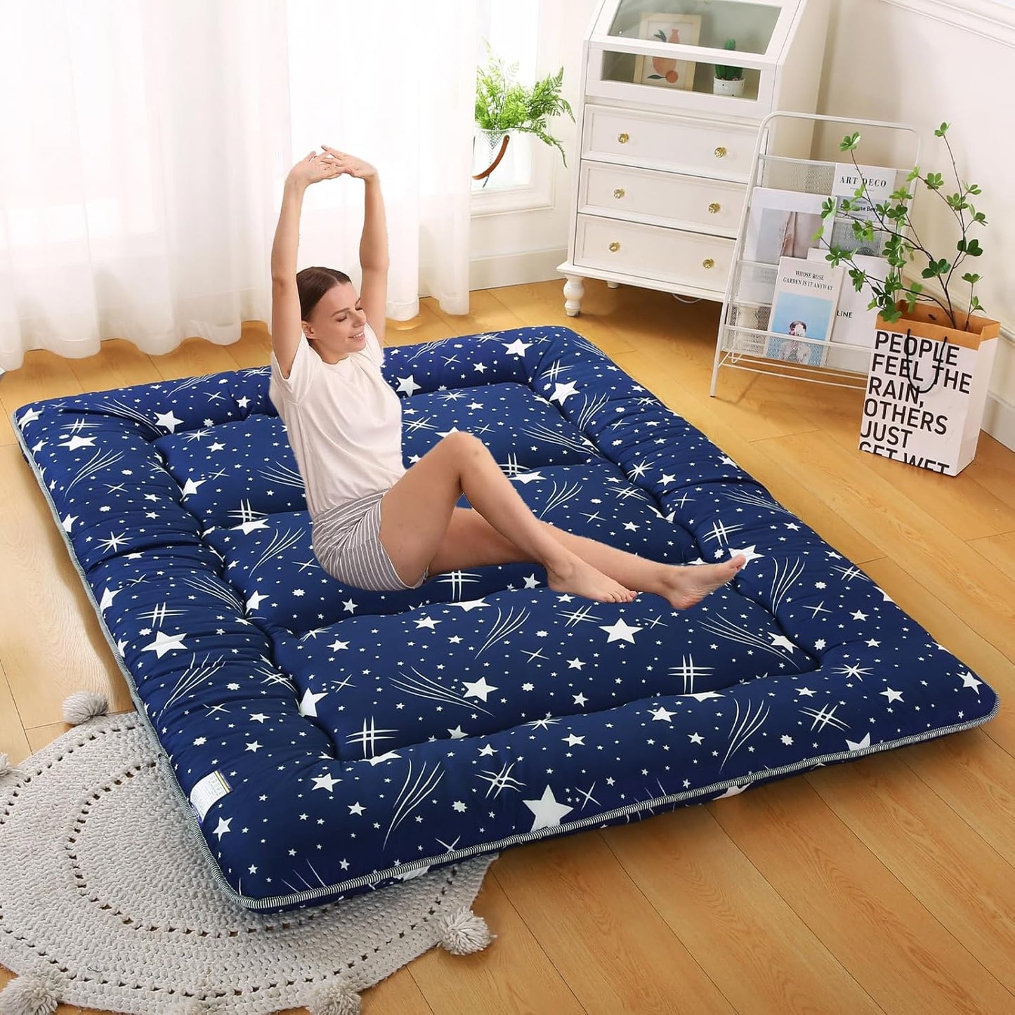 Bohemian Retro Japanese Floor Mattress, Vintage Floral Tatami Floor Mat, Portable Roll up Futon Mattress for Guest,Tavel (Starry,Twin 80" x 36")