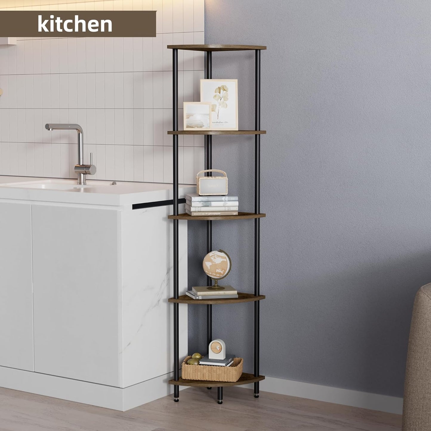 5 Tier Corner Shelf, Bookcase for Small Spaces, Corner Display Shelf, Plant Stand, Rustic Brown and Black,Suitable for Bedroom,Living Room,Kitchen