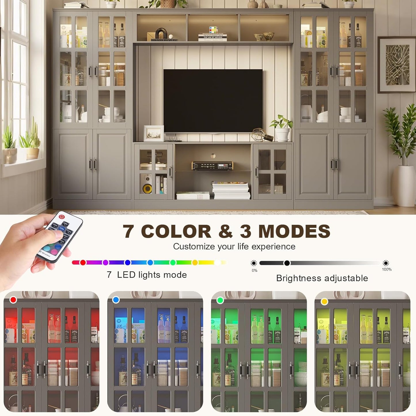 4-Piece Wall Unit TV Stand with Storage & LED Lights for TVs up to 75", Modern Entertainment Center with Bookshelves & 4-Door Pantry Cabinet, Gray