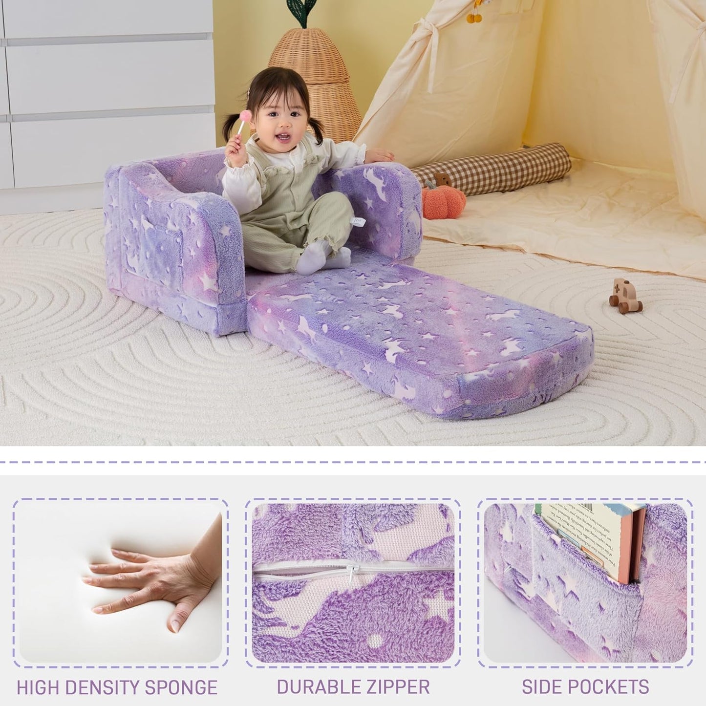 Thick Comfy Toddler Chair and Couch for Kids,2-in-1 Soft Plush Fold Out Sofa for Children,Convertible Couch to Lounger for Toddler