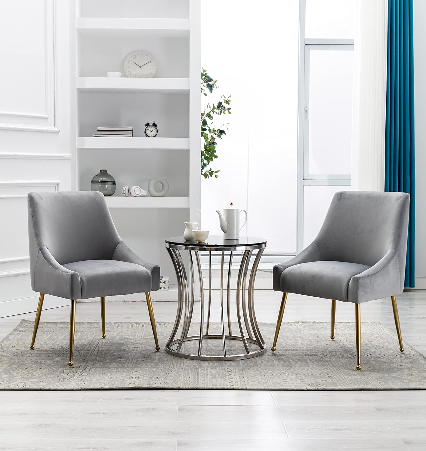 Velvet Dining Chairs, Furniture Collection Modern Contemporary Upholstered with Polished Gold Metal Legs, Set of 6(Light Grey)