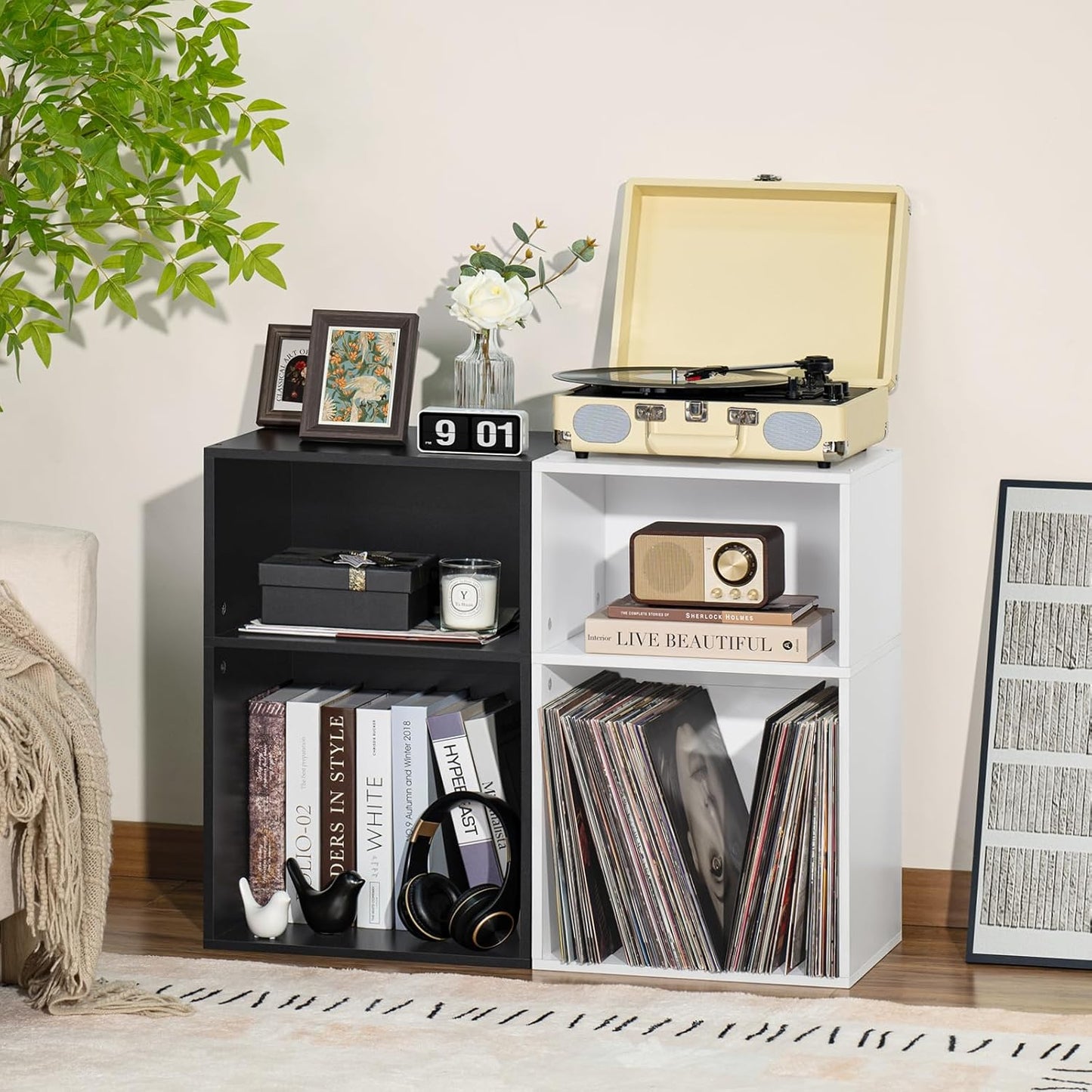 YAHARBO 2 Cube Bookshelf, Black Record Player Stand with Vinyl Storage Up to 100 Albums, Horizontal Book Shelf, Small Cubby Bookcase with Storage Organizer, Turntable Stand for Living Room, Bedroom