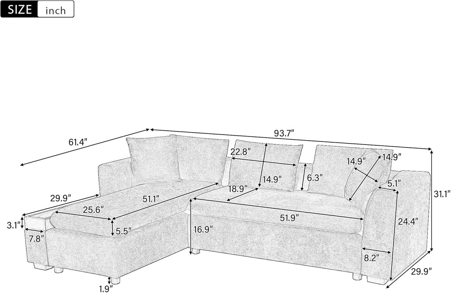 Merax 93.7" L-Shaped Sectional Sofa with Wooden Storage Compartment, Chenille Upholstered Deep Seating Sleeper Couch & Chaise Lounge and Throw Pillows for Living Room, Black