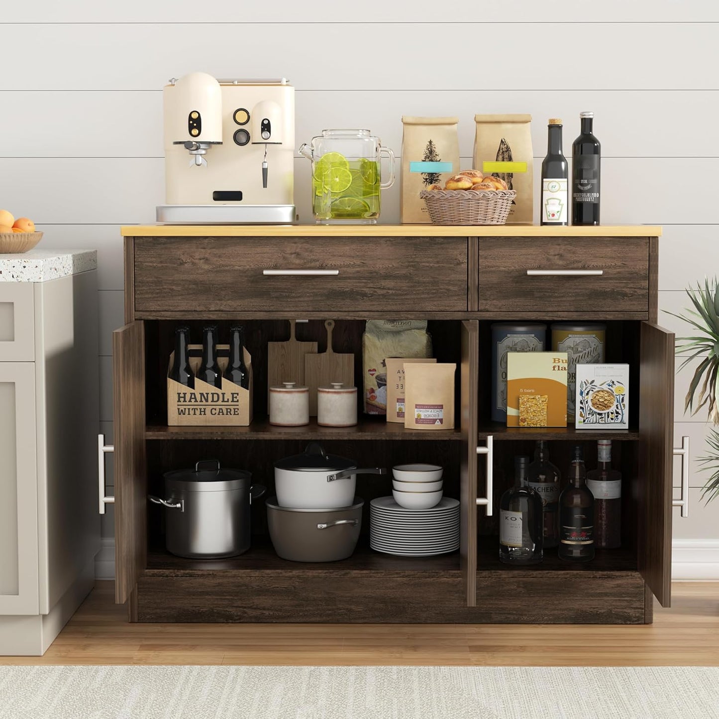 Shintenchi 3 Doors Farmhouse Sideboard Buffet Cabinet,42" Barn Doors Buffet Cabinet with Storage,Wood Coffee Bar Cabinet with Adjustable Shelf for Kitchen,Living Room,Brown