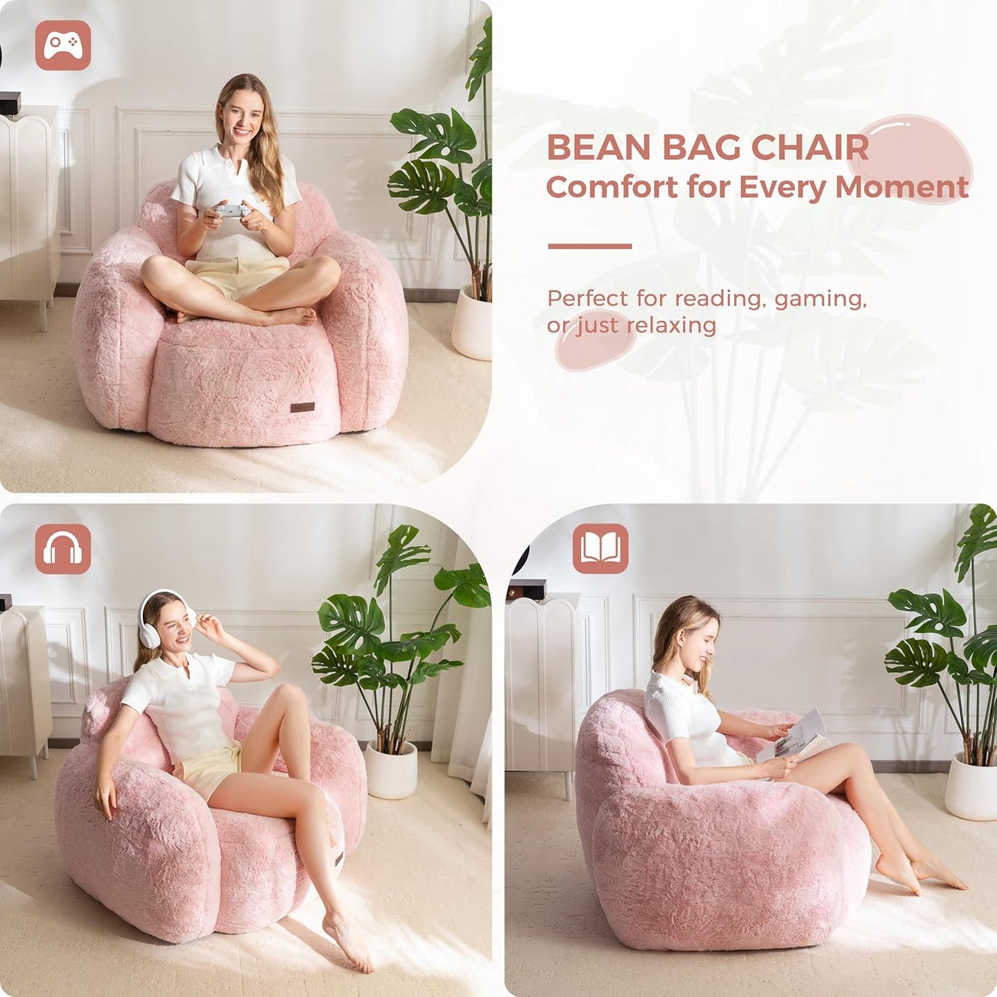MAXYOYO Bean Bag Chair, Comfy Pebble Shaped Single Bean Bag Sofa for Adults, Stuffed Floor Sofa with Supportive Backrest & Armrests, Modern Faux Fur Accent Chair for Living Room & Bedroom, Pink