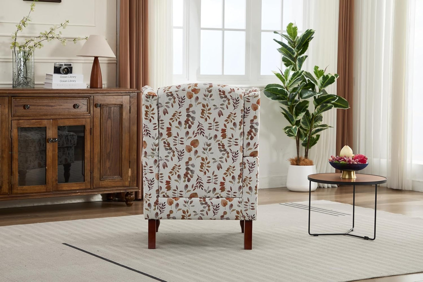 Ball & Cast Modern Accent Chair,Comfy Upholstered Armchair with Retro Wood Legs,Floral Design Single Sofa Chair,Living Room Furniture for Apartment,Bedroom,Office,Linen Fabric,Floral Yellow