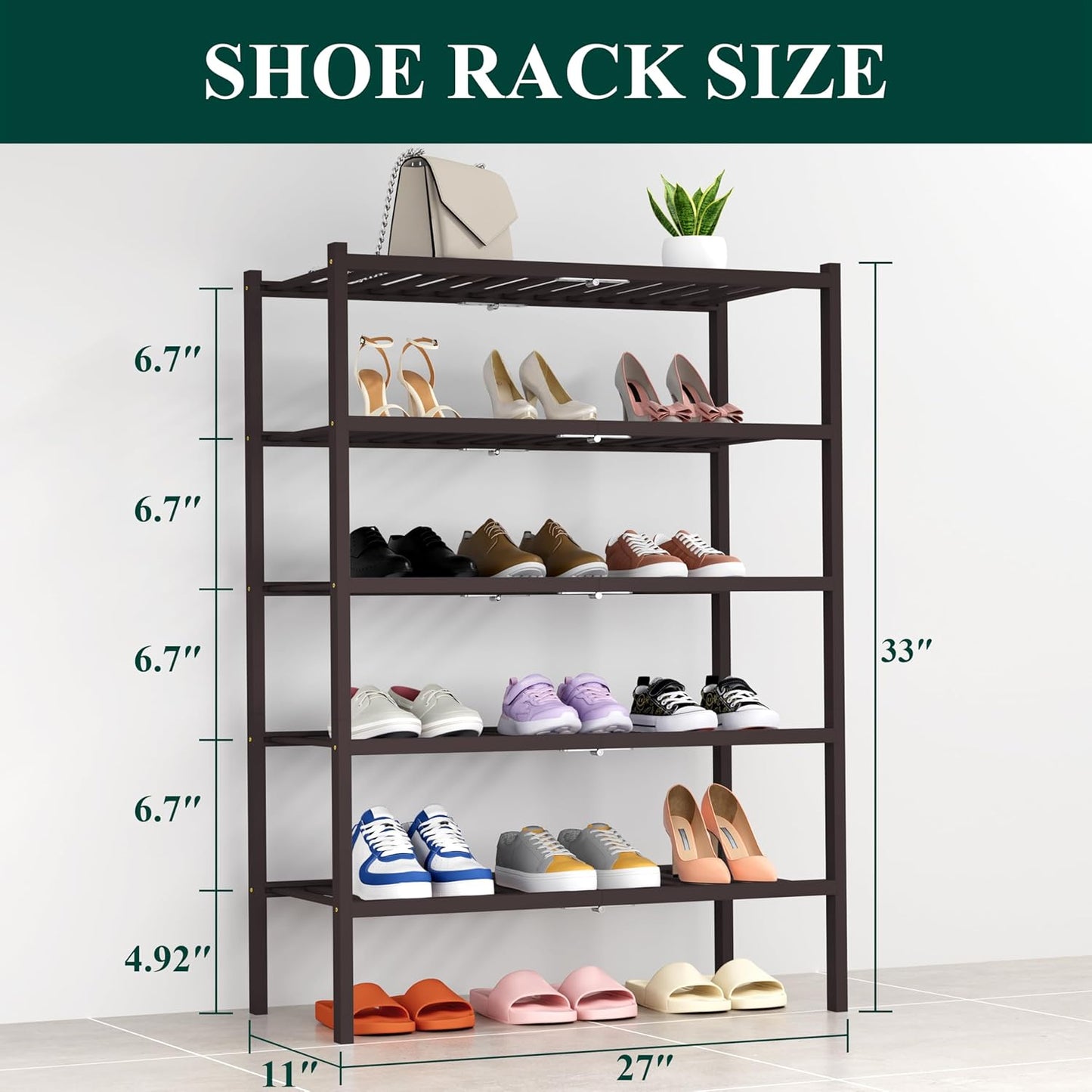 Smiry Shoe Rack, 5 Tier Thick Bamboo Shoe Organizer, Stackable Free Standing Wooden Shoe Storage Shelf for Closet, Entryway, Front Door Entrance, Brown