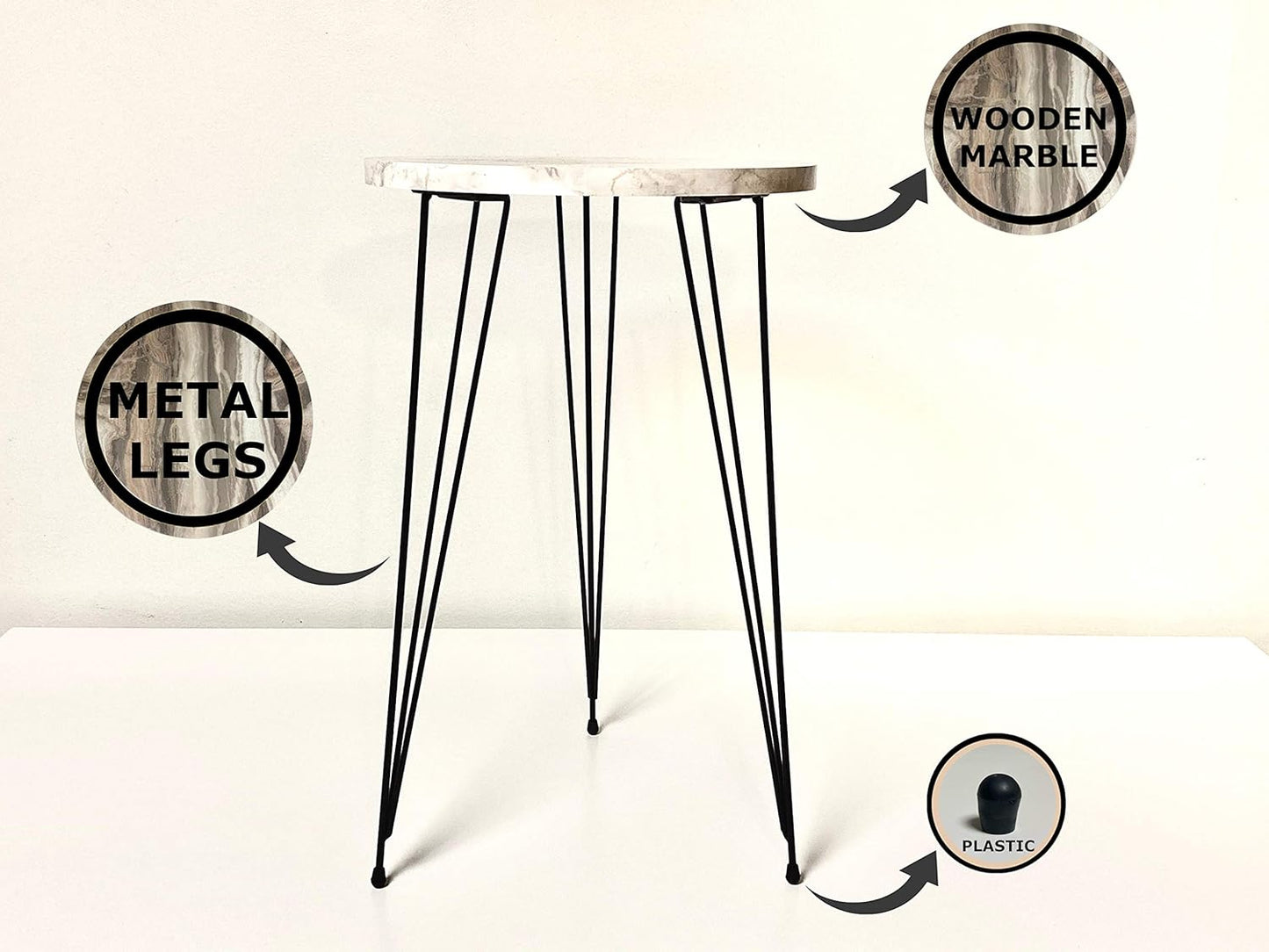 PAK HOME - Set of 2 End Table - High Gloss Shiny Grey Marble Look Round Wood Sofa Side Coffee Tables for Small Spaces, Nightstand Bedside Table with Gold Metal Legs for Bedroom, Living Room