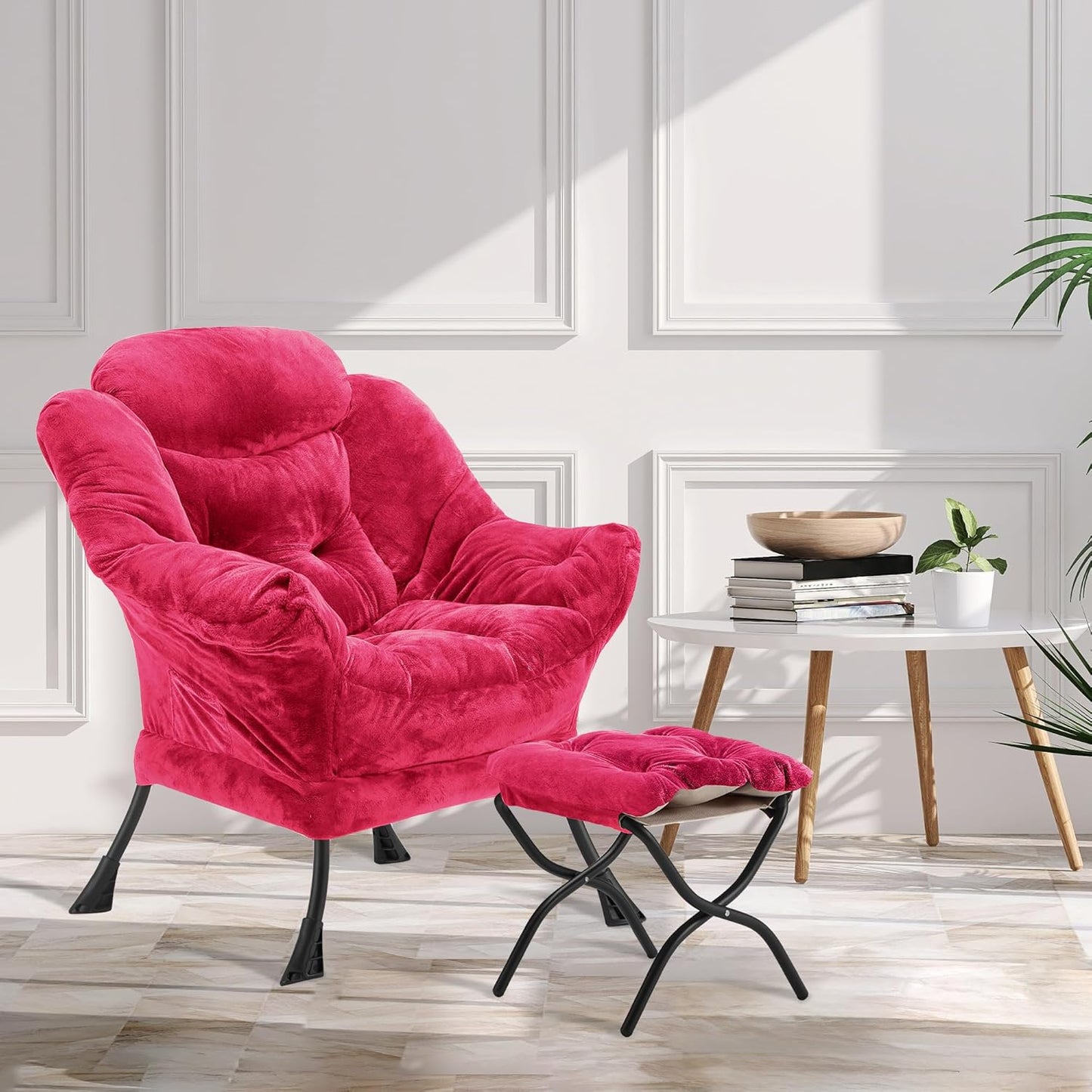 Fabric Lazy Chair with Ottoman, Oversized Upholstered Sofa Chair for Adults, Plush Comfy Lounge Chair with Large Side Storage Pocket, Reading Chair for Living Room, Bedroom, Office, Rose Red