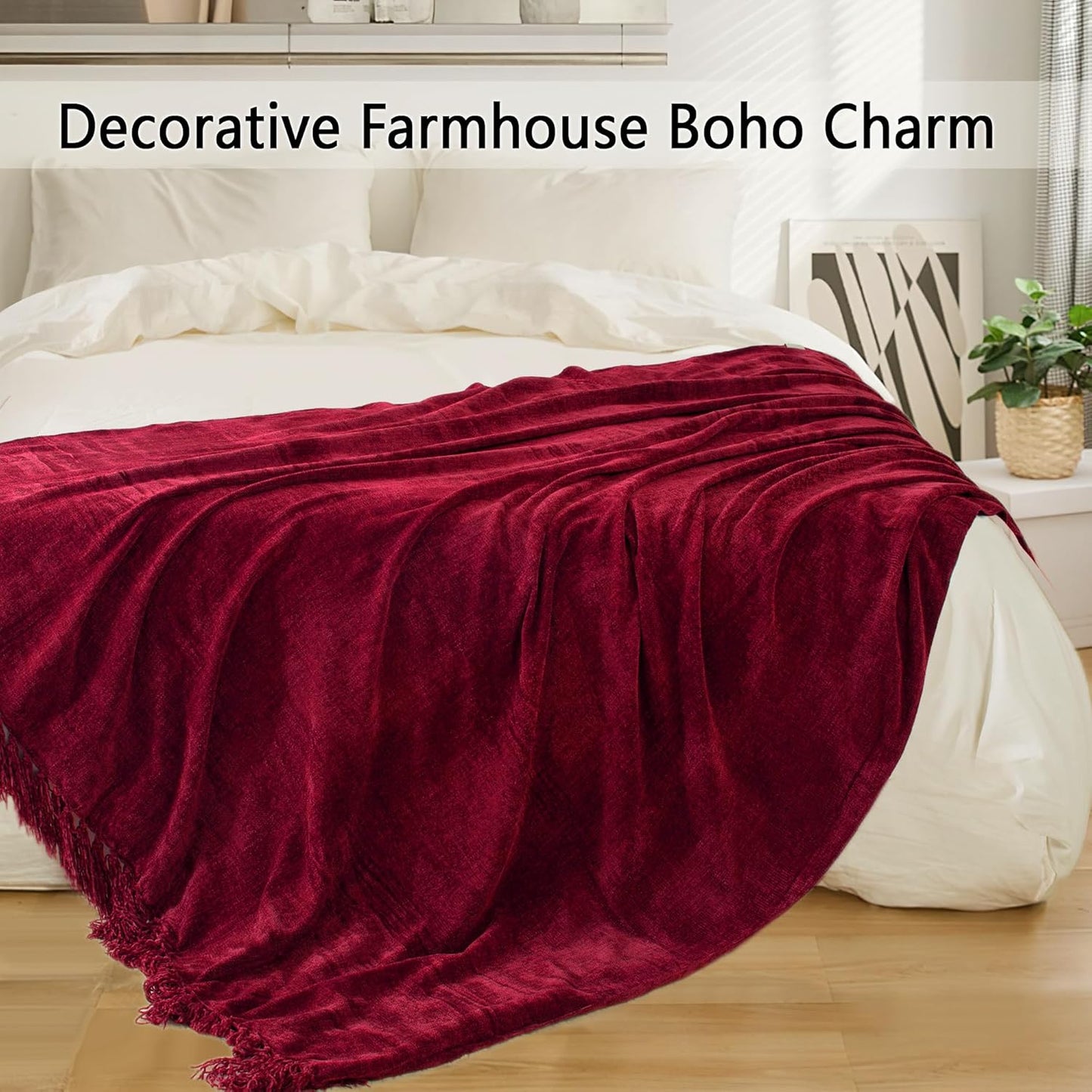 Chenille Throw Blanket for Couch 60"X 80" Twin, Soft Cozy Throws with Fringe Tassel for Bed Sofa Chair Cover, Lightweight Knitted Decorative Boho Blankets for Living Room, Red