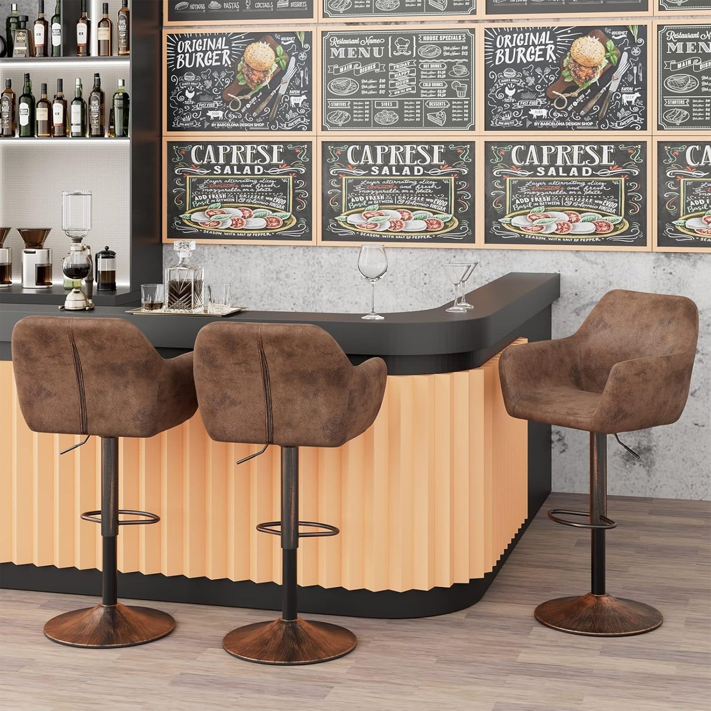 Keyluv Bar Stools Set of 2 for Kitchen Counter Adjustable Swivel Height Barstools 29 Inch Faux Leather Bar Chairs with Padded Back and Chromed Metal Base, Retro Brown