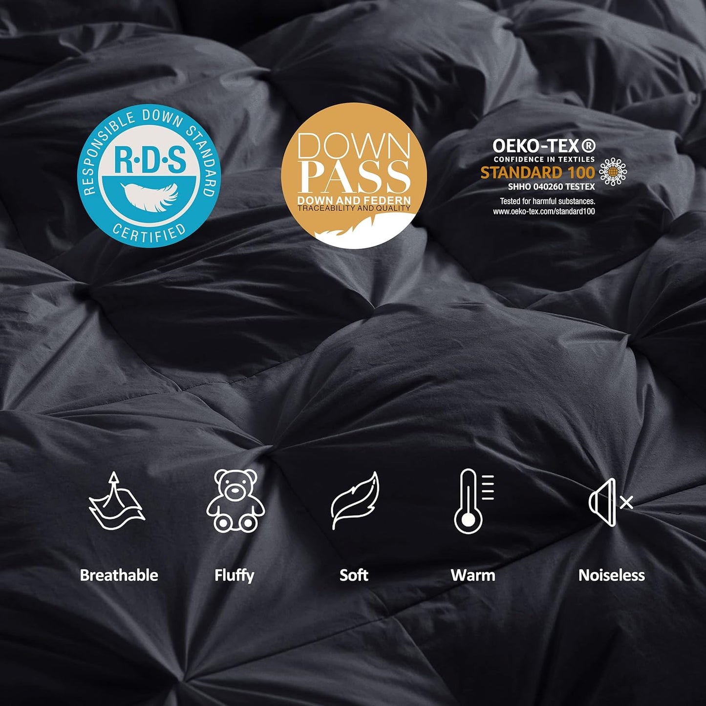 Luxurious All-Season Goose Down Feather Fiber Comforter Super King Size Duvet Insert (120x120), Exquisite Pinch Pleat Design- Black, Premium Baffle Box, 100% Egyptian Cotton Cover, 85 oz. Fill Weight