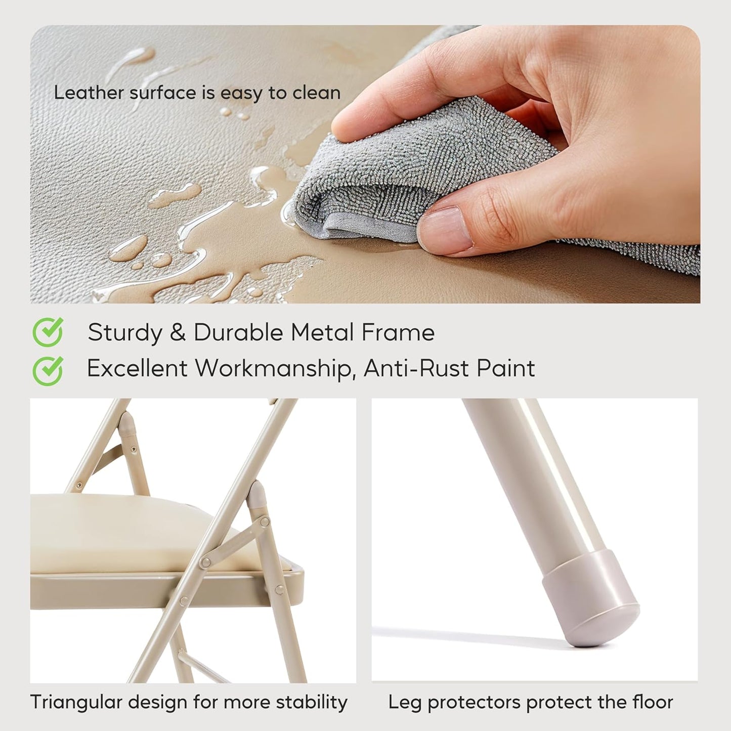 HealSmart 2 Pack Folding Chairs with Padded Leather Cushion Seats, Sturdy Metal Frame, Stackable Portable Design for Indoor Outdoor Use, Commercial Event Party Office Home Chairs, Kahki