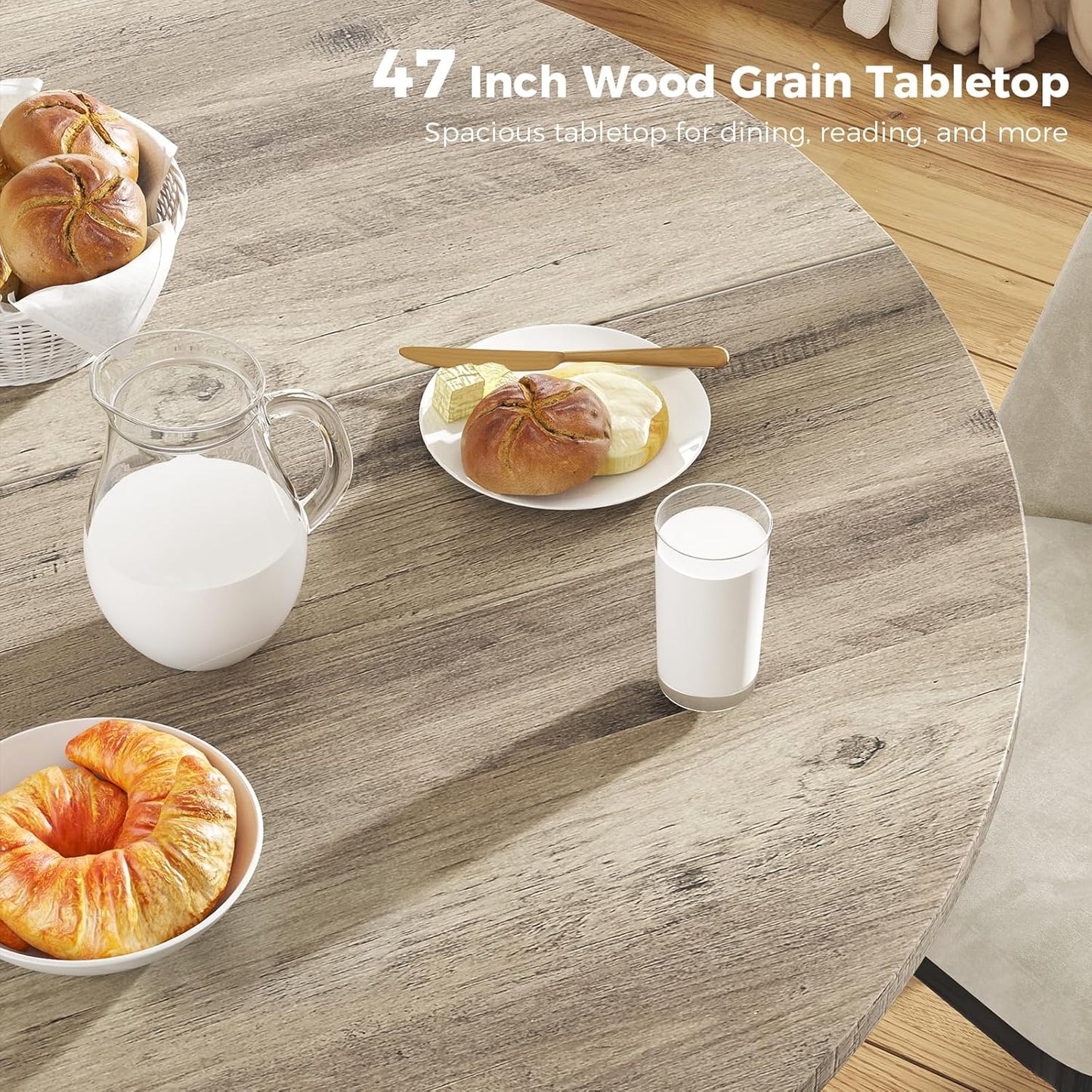 Unovivy 47" Round Dining Table for 4-6, Space Saving Circle Kitchen Dinner Table, Industrial Mid Century Modern Dining Room Desk for Kitchen, Apartment, Light Ivory