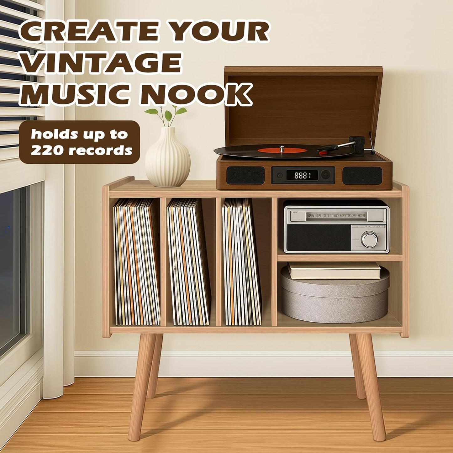 Record Player Stand with Vinyl Storage, Wooden Record Player Table with 5 Cabinet, Large Vinyl Record Player Stand, Record Player Holder, Record Player Shelf for Office Living Room, Oak