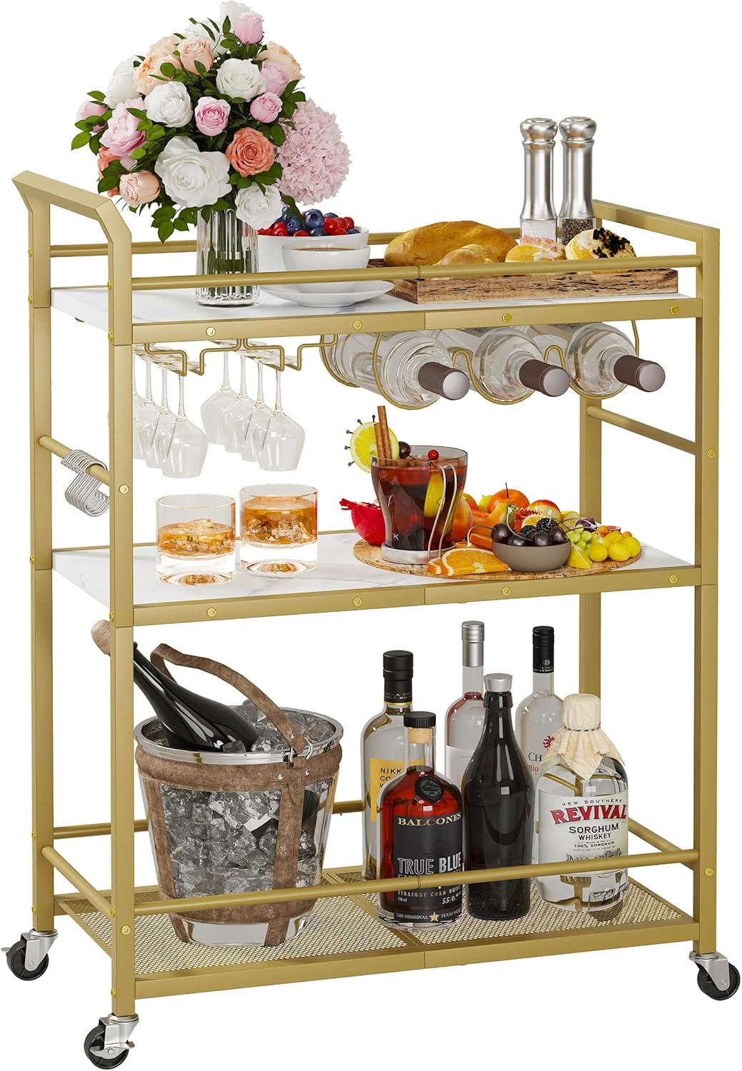 3 Tier Bar Cart, Home Bar Serving Cart with Wheels, Small Rolling Beverage Cart with Glass Holders, Mini Drink Cart with Wine Rack for Kitchen Dining Living Room Gold GBC507G