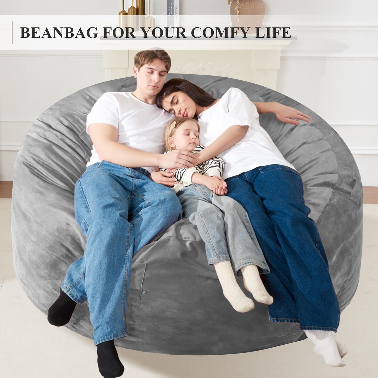 Homguava 6 FT Bean Bag Chair: 6' Bean Bags with Memory Foam Filled, Large Beanbag Chairs Soft Sofa with Dutch Velvet Cover-Light Grey