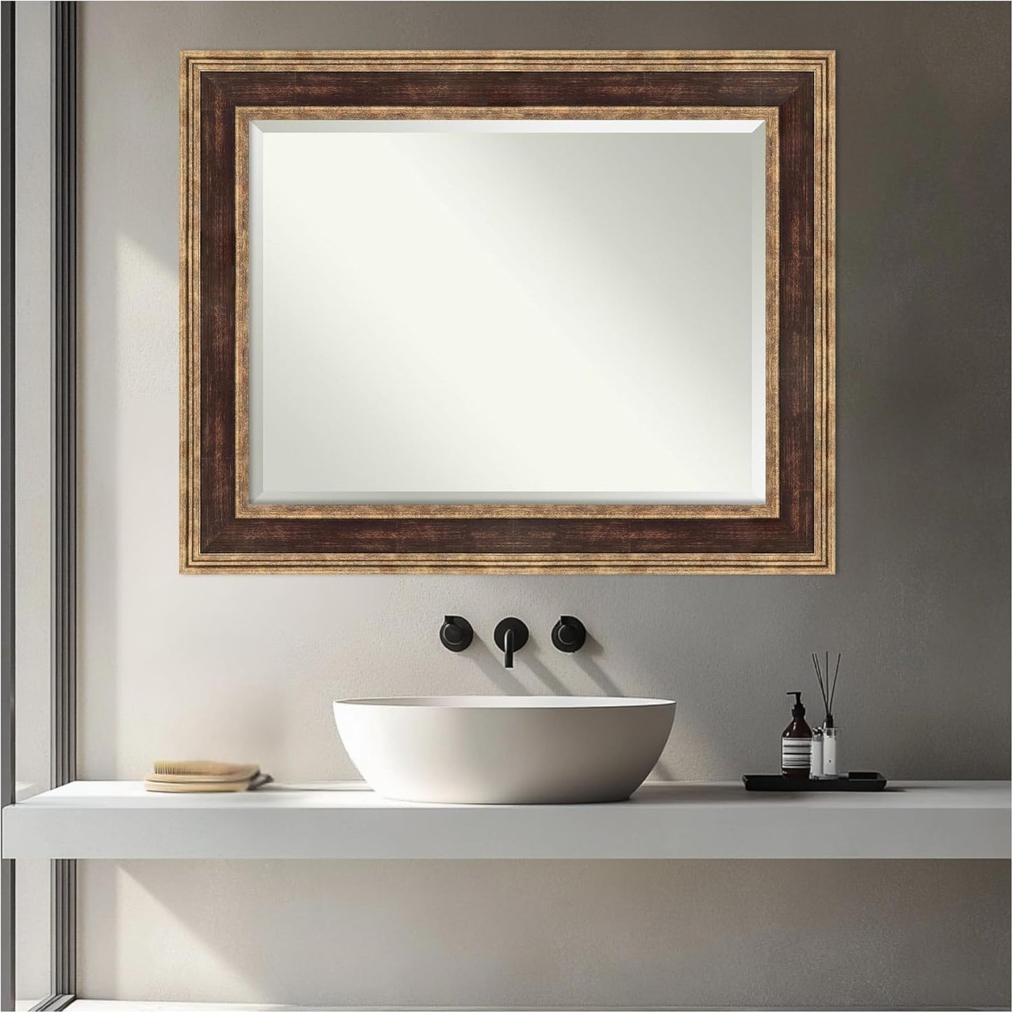 Amanti Art Bronze Bathroom Mirror for Over Sink, 30x24 Ridge Light Bronze Rectangle Vanity Mirror, Medium Traditional Frame, Hangs Horizonally and Vertically, Bathroom Wall Decor, Beveled Edge