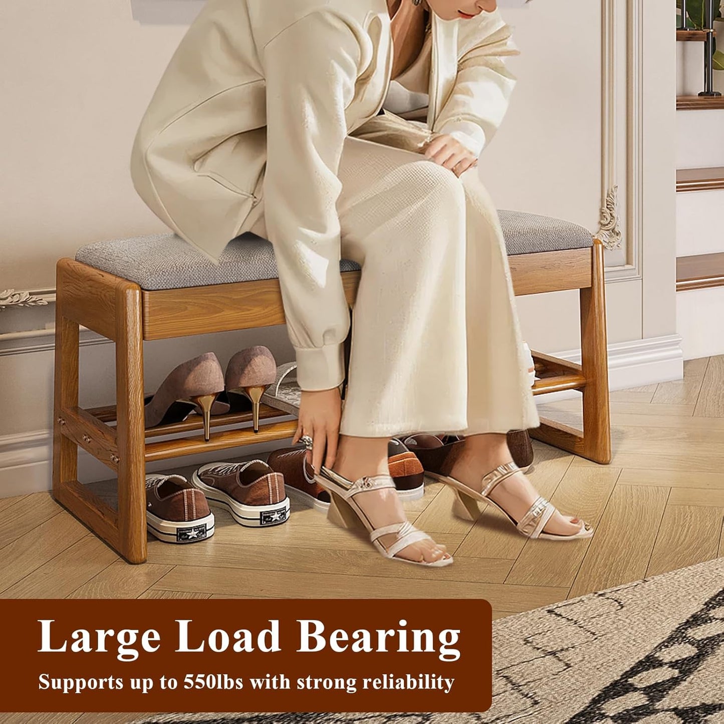 Shoe Rack Bench with Cotton-Linen Cushion 2-Tier Wooden Storage Bench 550lbs Compact Simple & Modern Design for Entryway, Hallway, Bedroom, Living Room, Closet, Front Door Entrance, Foyer