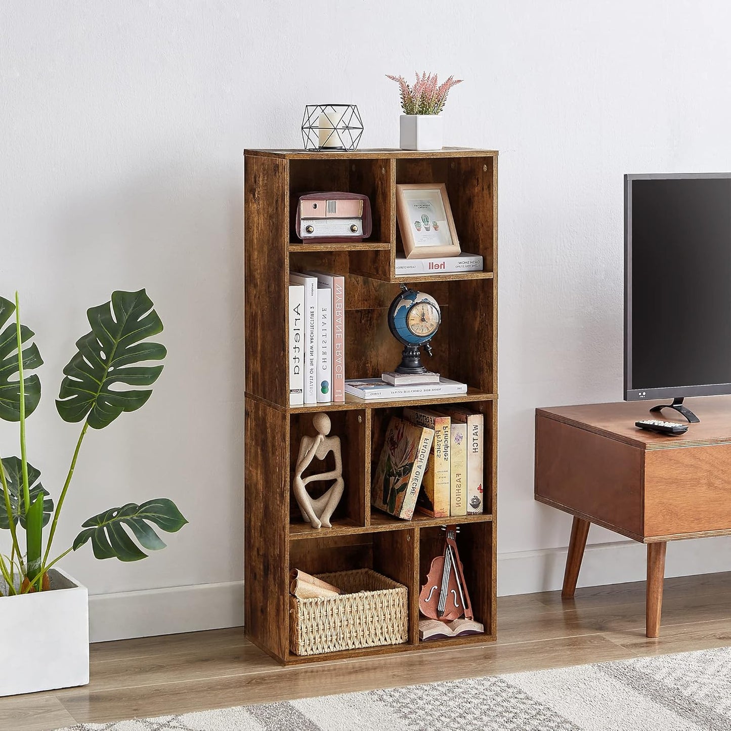 VECELO 42" Modern Bookshelf, 7 Cube Organizer Bookcase,Fits Tallest Hardcovers, Horizontal Available,Floor Standing Display,Easy Assembly, Vintage Brown