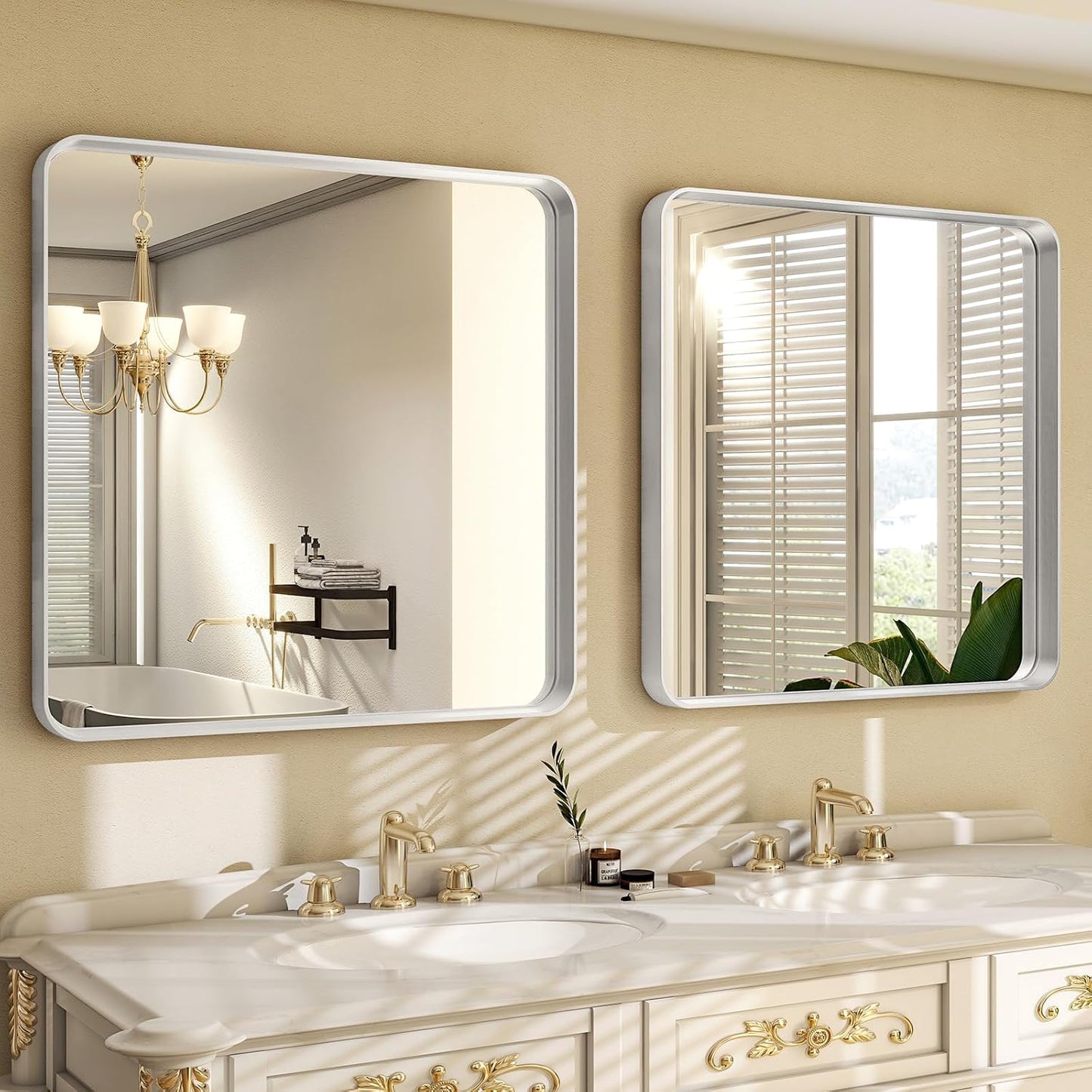 30"x 30" Silver Bathroom Mirror - Aluminum Framed Wall Mirror, Bathroom Wall Mounted Vanity Mirror, Modern Bathroom Mirror, Bedroom, Living Room Wall Mirror, Hang Horizontally or Vertically