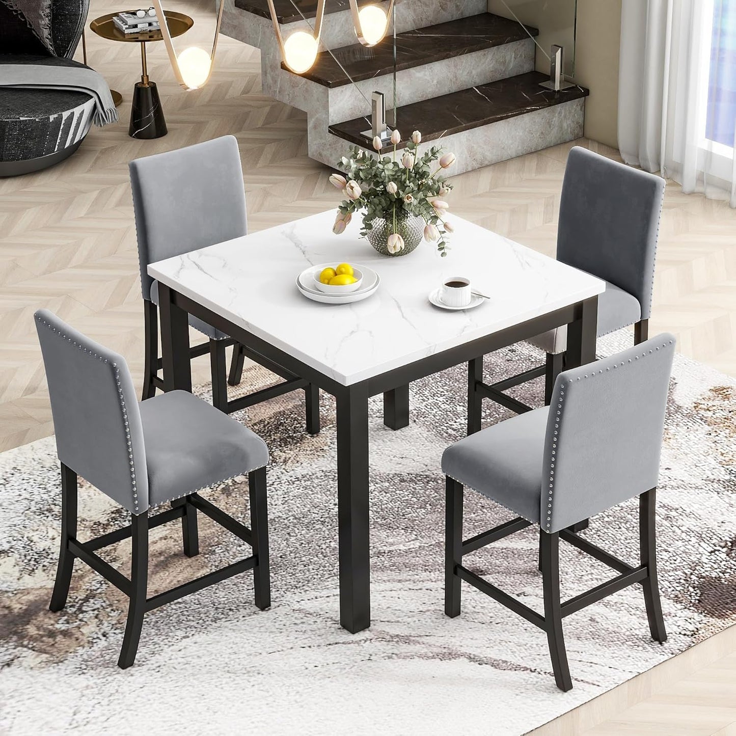 HomSof 5-Piece Counter Height Dining Table Set with One Faux Marble Top Dining Table and Four Velvet-Upholstered Chairs,Grey