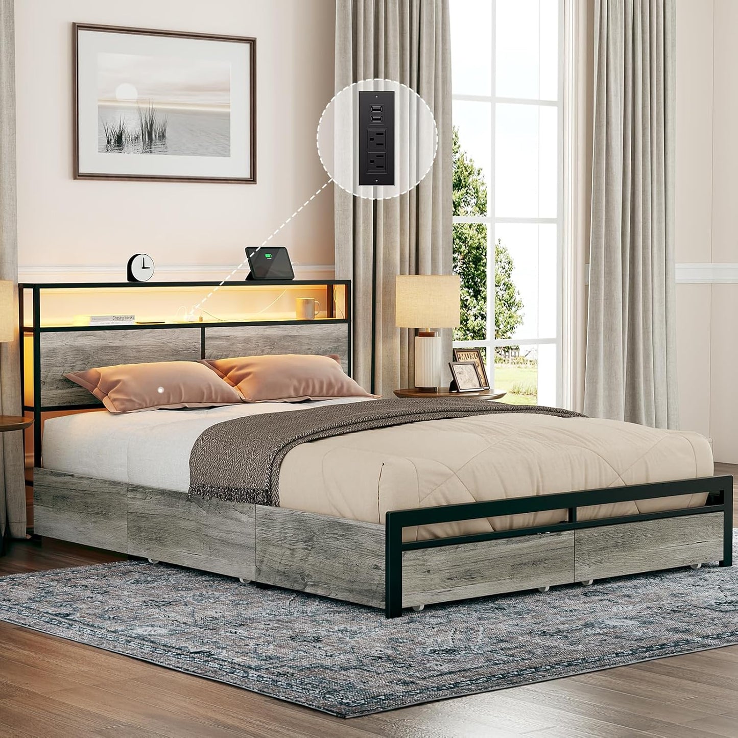 Queen Size Bed Frame with Storage Headboard and 4 Drawers LED Lighting Sturdy Metal Slat Support Non-Slip Noise-Free Platform No Box Spring Needed Greige