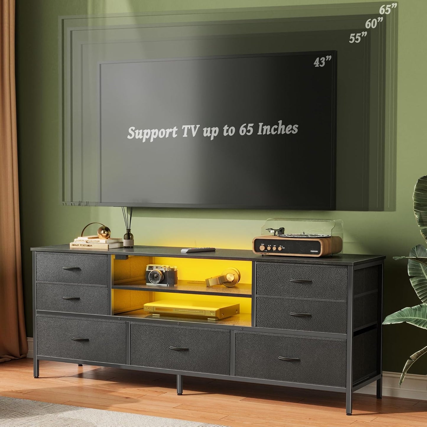 Huuger Dresser for Bedroom With Power Outlets and LED Lights, 7 Drawers TV Stand for 60 Inch TV, Console With Open Shelf, 55 Inches Wide Black, PU Leather