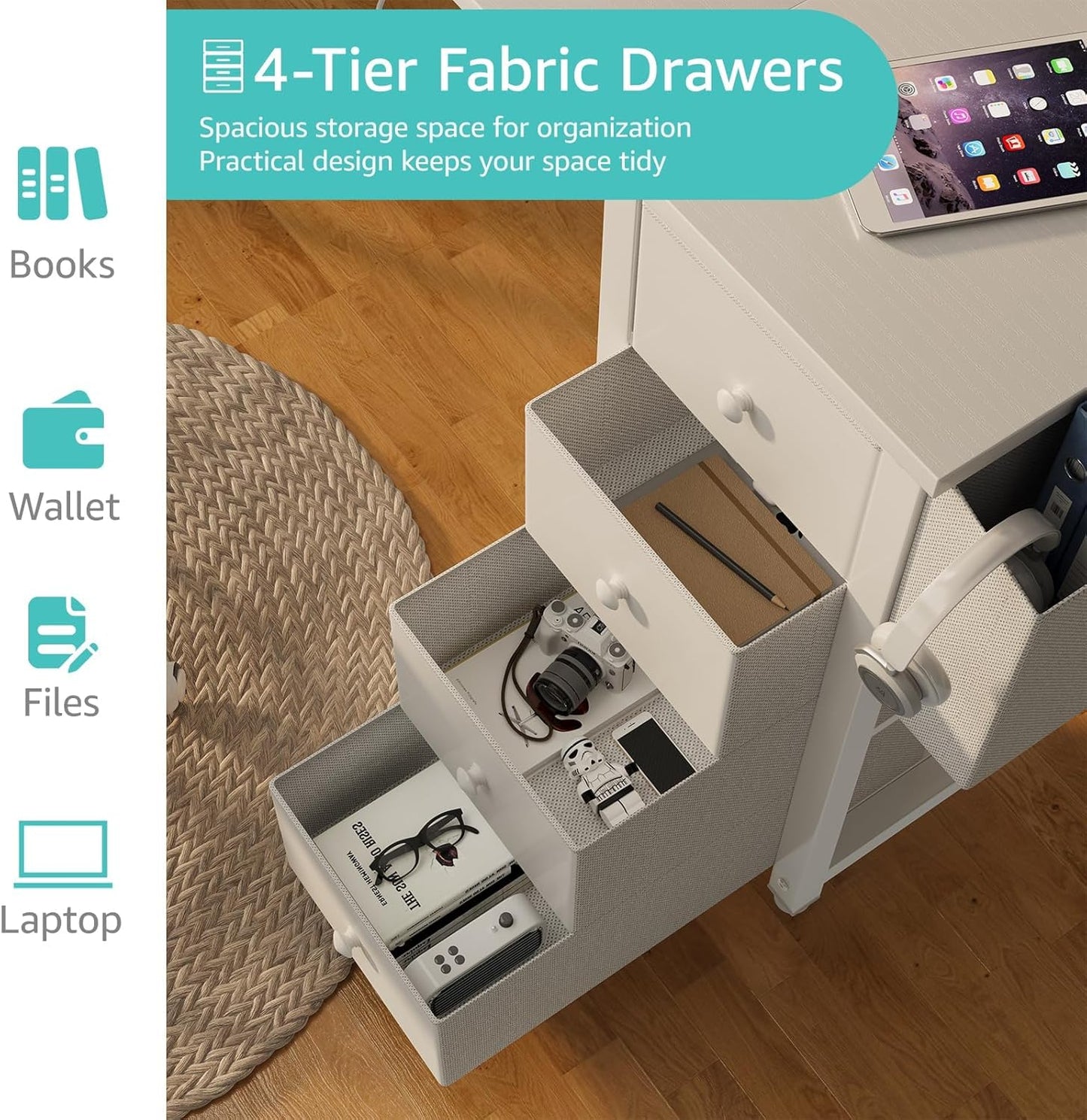Lufeiya White L Shaped Computer Desk with Drawers & Storage Shelves, 63 Inch Reversible Corner Desk with Power Outlet for Home Office Bedroom, L-Shaped Teen PC Desks with Fabric Drawer, White