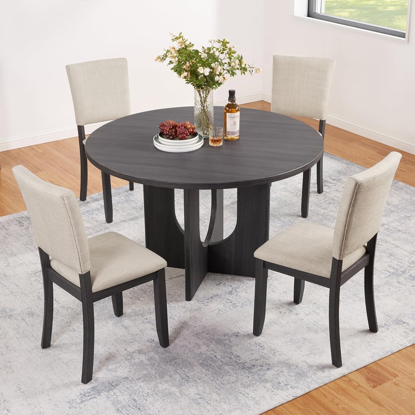 Ball & Cast 5 Piece Dining Table Set with 4 Upholstered Chairs,Wooden Living Room Furniture W/ 47.3" Round Kitchen Desk & Backrest Chair,for Small Space,Dining Room,Antique Black & Beige