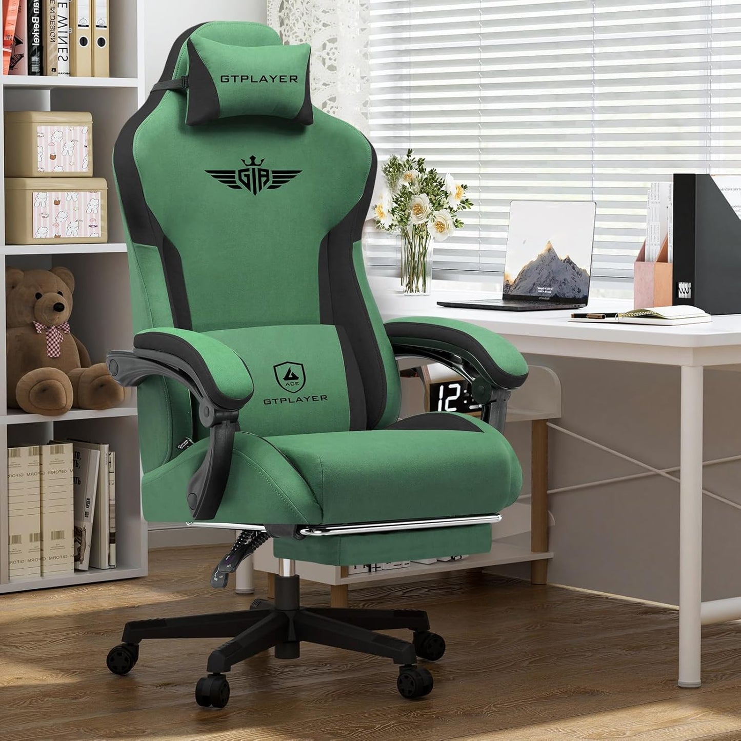 GTPLAYER Gaming Chair Fabric with Footrest, Big and Tall Game Chair High Back Computer Office Chair with Lumbar Support for Adults, Ergonomic Swivel Games Chair with Cushion Gaming Green