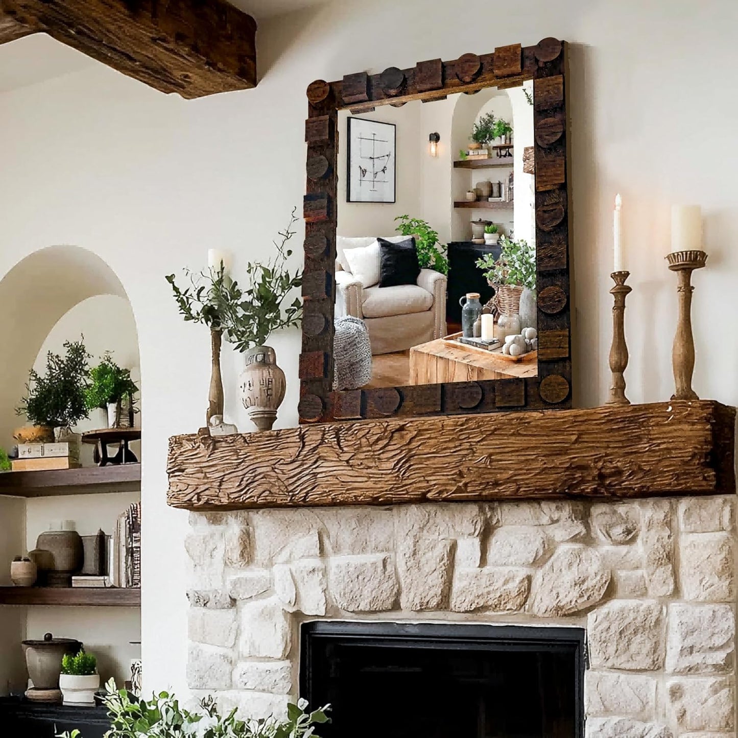 28x20 Inch Handcrafted Solid Wood Square Wall Mirror with Geometric Wood Inlay Design, Rustic Natural Texture for Bathroom, Bedroom, Living Room Decor