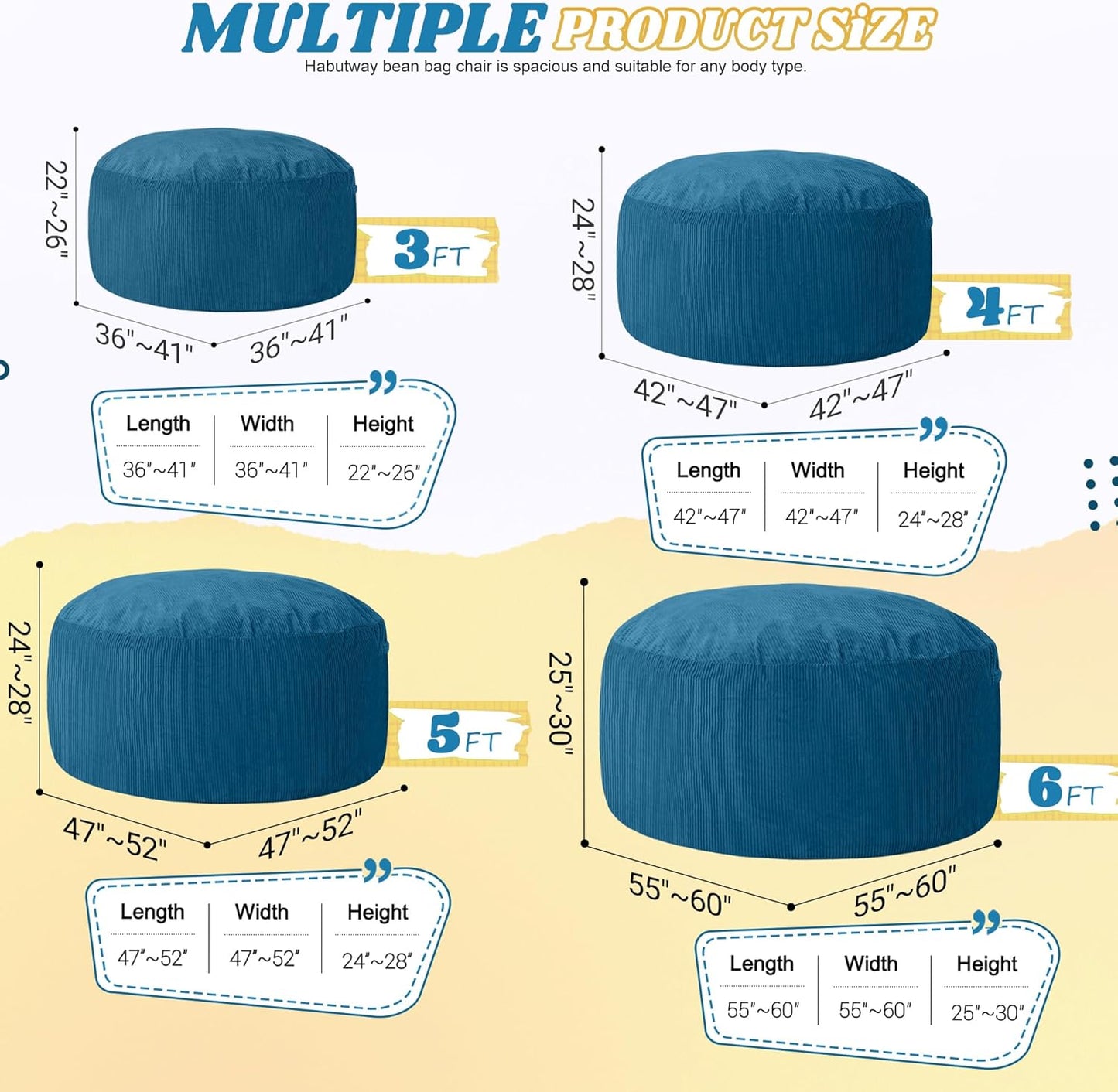 HABUTWAY 5FT Bean Bag Chair,Giant Bean Bag Chairs for Adults,Big Bean Bags with Memory Foam Filled, Large Beanbag Chairs with Soft Corduroy Cover-Dark Blue