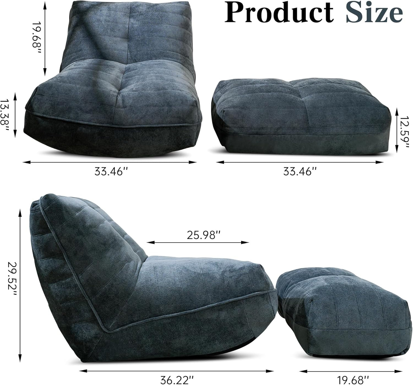 Bean Bag Chair with Ottoman, Comfy Bean Bag Sofa with Memory Foam, Lazy BeanBag Sofa with Footstool, Fireside Bean Bag Couch for Living Room, Bedroom, Apartment (Blue Gray)