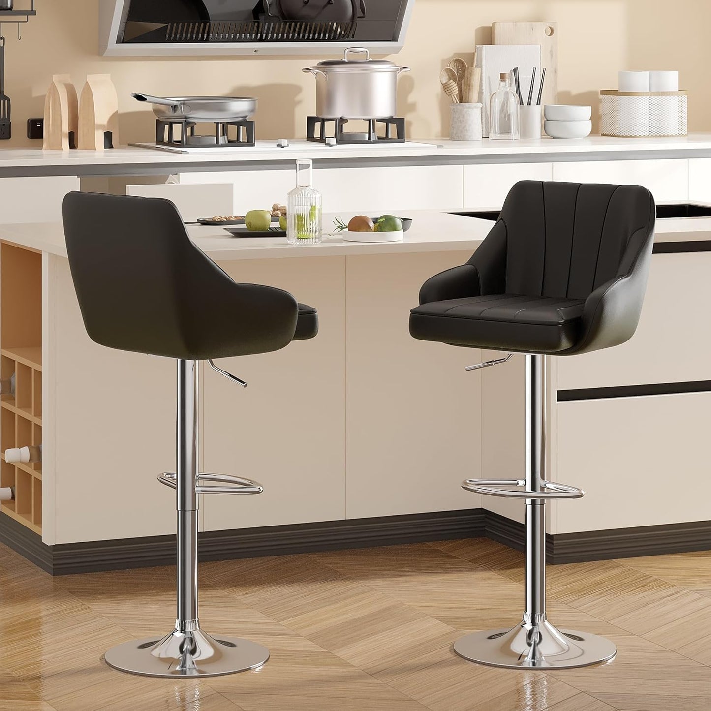 VECELO Bar Stools Set of 2, Adjustable Barstools, Counter Height Stools with Back and Arm, Kitchen Island Stools, Swivel PU Leather Stools, Modern Style, PU Black