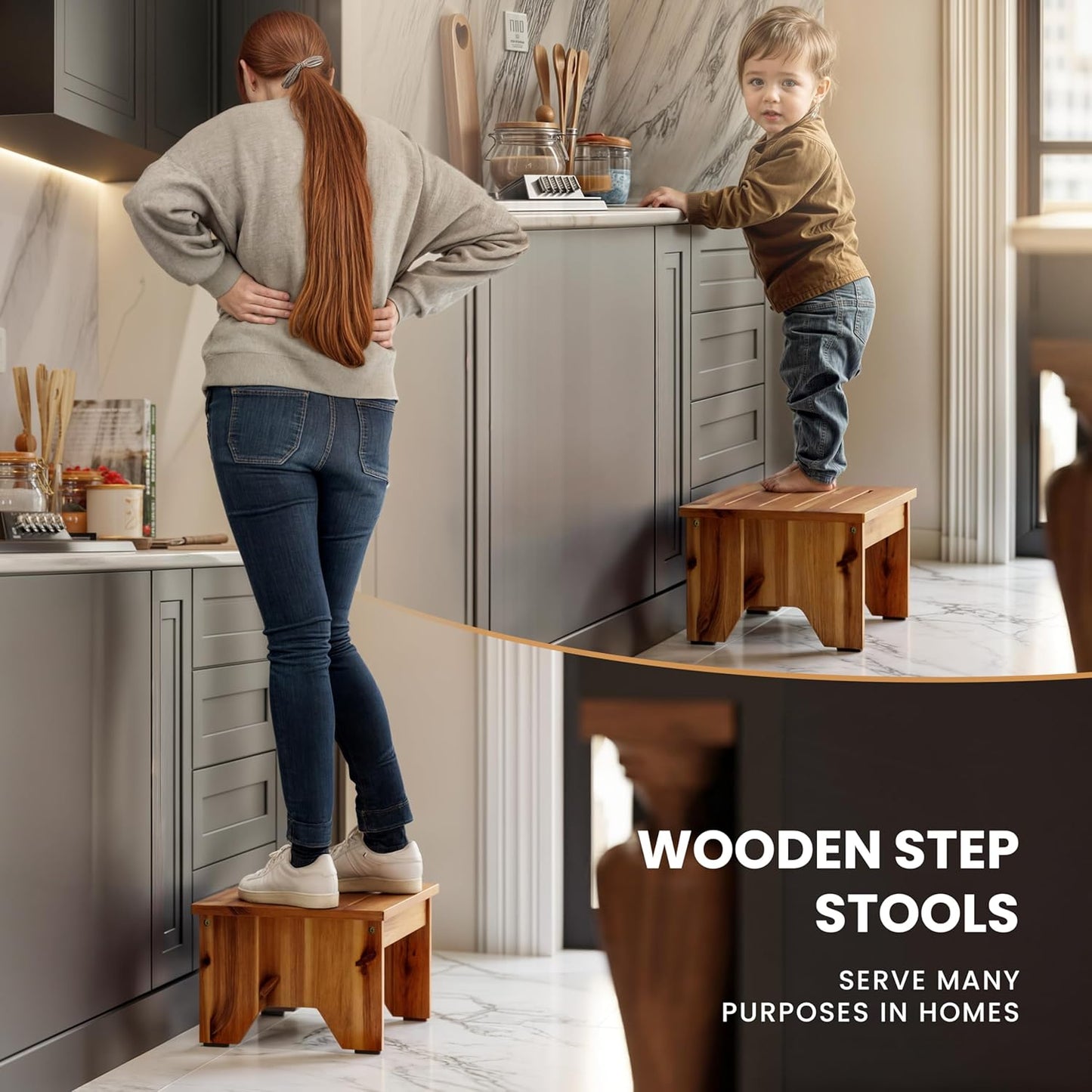 Holana 9" Acacia Wood One Step Stool for Adults - 300 Lbs Wooden Step Stools Heavy Duty for High Bed Riser, Bathroom, Bedroom - Small Stepping Stool for Elderly, Seniors, Kids, Handicap Use Indoor