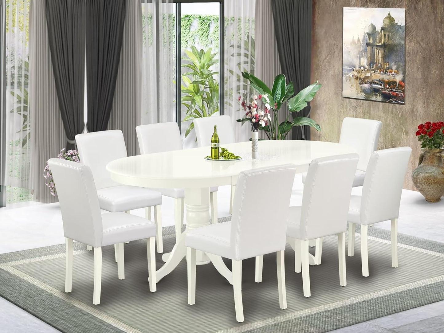 East West Furniture VAAB9-LWH-64 9 Piece Modern Dining Table Set Includes an Oval Wooden Table with Butterfly Leaf and 8 White Faux Leather Parson Dining Chairs, 40x76 Inch, Linen White