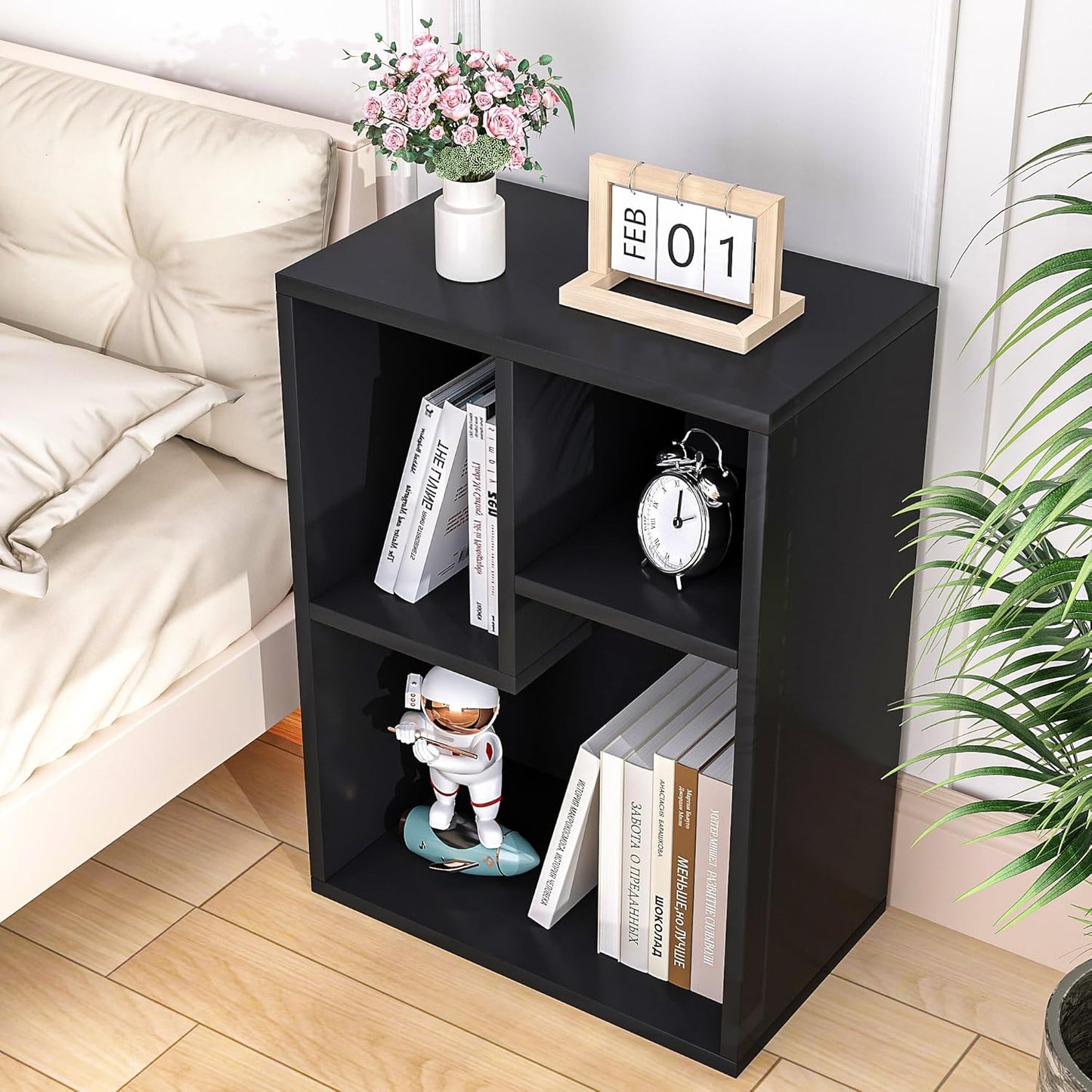 VECELO 3-Cube Bookshelf, Fits Tallest Hardcovers, Horizontal Available, Modern Bookcase, Cubby Storage Organizer for Small Space, Bedroom, Living Room,Black