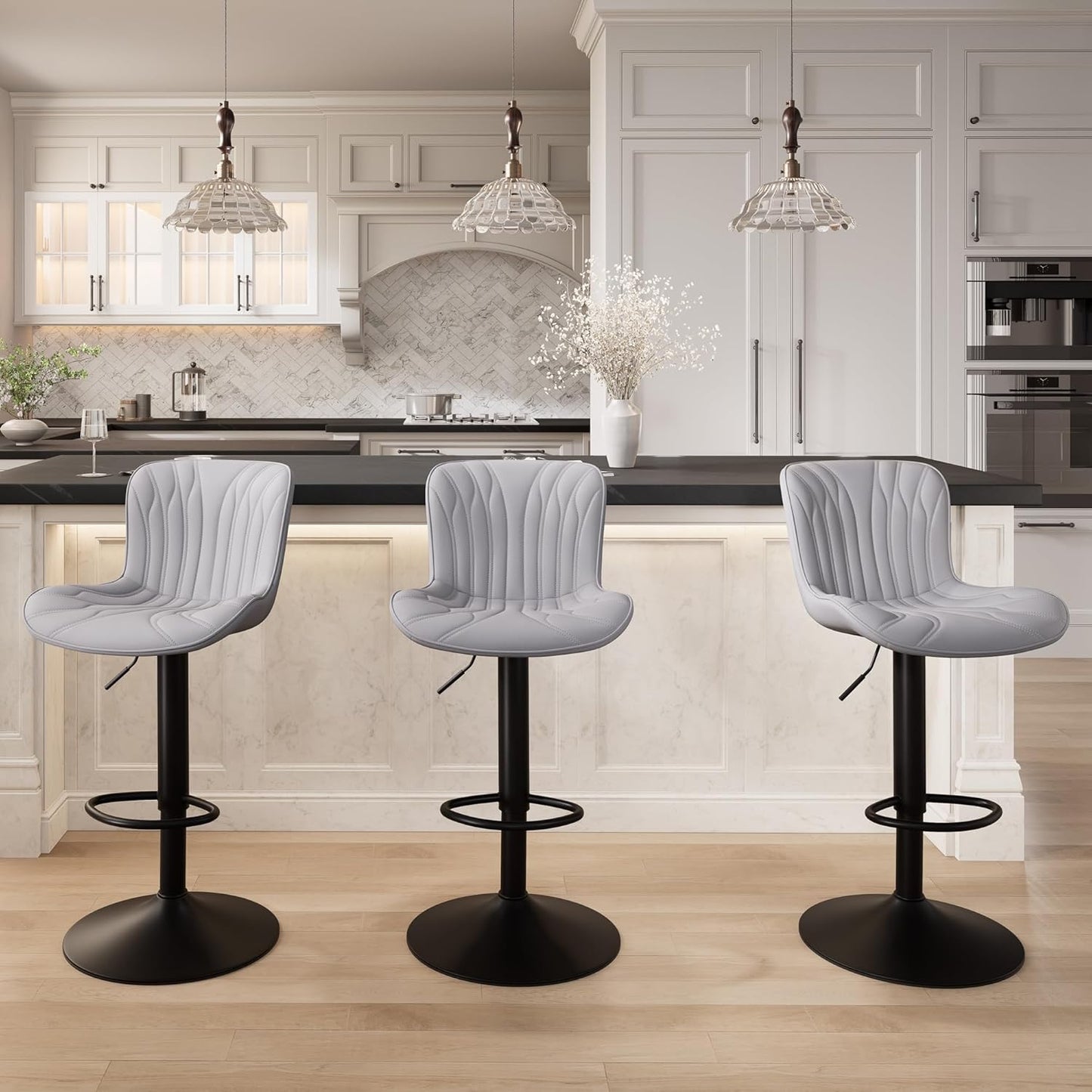 YOUNIKE 3 Grey Bar Stools Modern Swivel Counter Height Bar Chair with Back Adjustable Kitchen Island Faux Leather Padded Barstools taburetes de bar Breakfast sillas para barra de cocina 3PCS