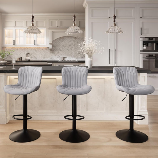 YOUNIKE 3 Grey Bar Stools Modern Swivel Counter Height Bar Chair with Back Adjustable Kitchen Island Faux Leather Padded Barstools taburetes de bar Breakfast sillas para barra de cocina 3PCS