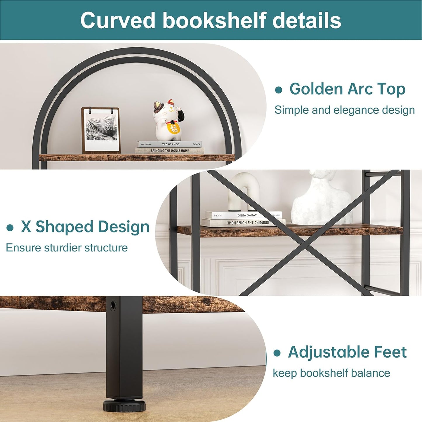 Shintenchi Bookshelf, Arched Bookshelf 5 Tier Bookcase, Tall Shelf for CDs/Books, Home Office Shelf Storage Organizer, Modern Book Shelf for Bedroom/Living Room, Rustic Brown
