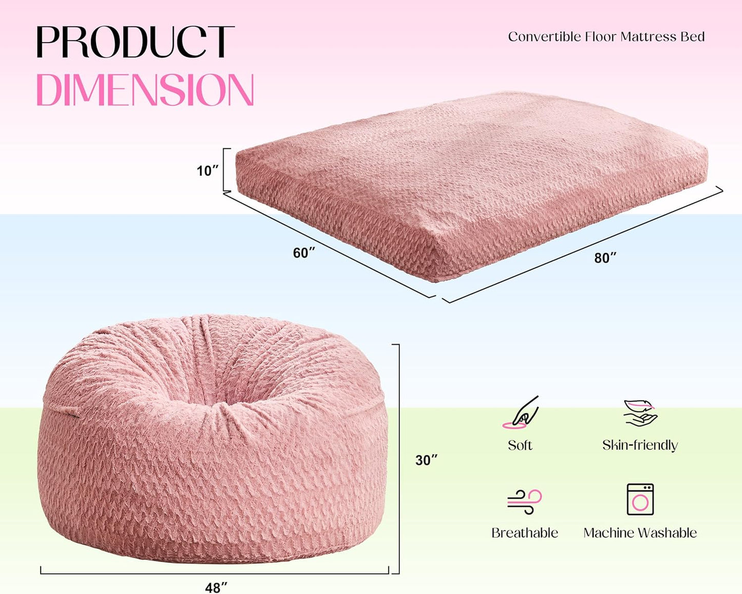 Hobestluk Bean Bag Chair Convertible Beanbag Chairs for Adults, 3 in 1 Bean Bags with Plush Chevron Cover, Adult Bean Bag Chair for Living Room, Bedroom (Pink, Queen)