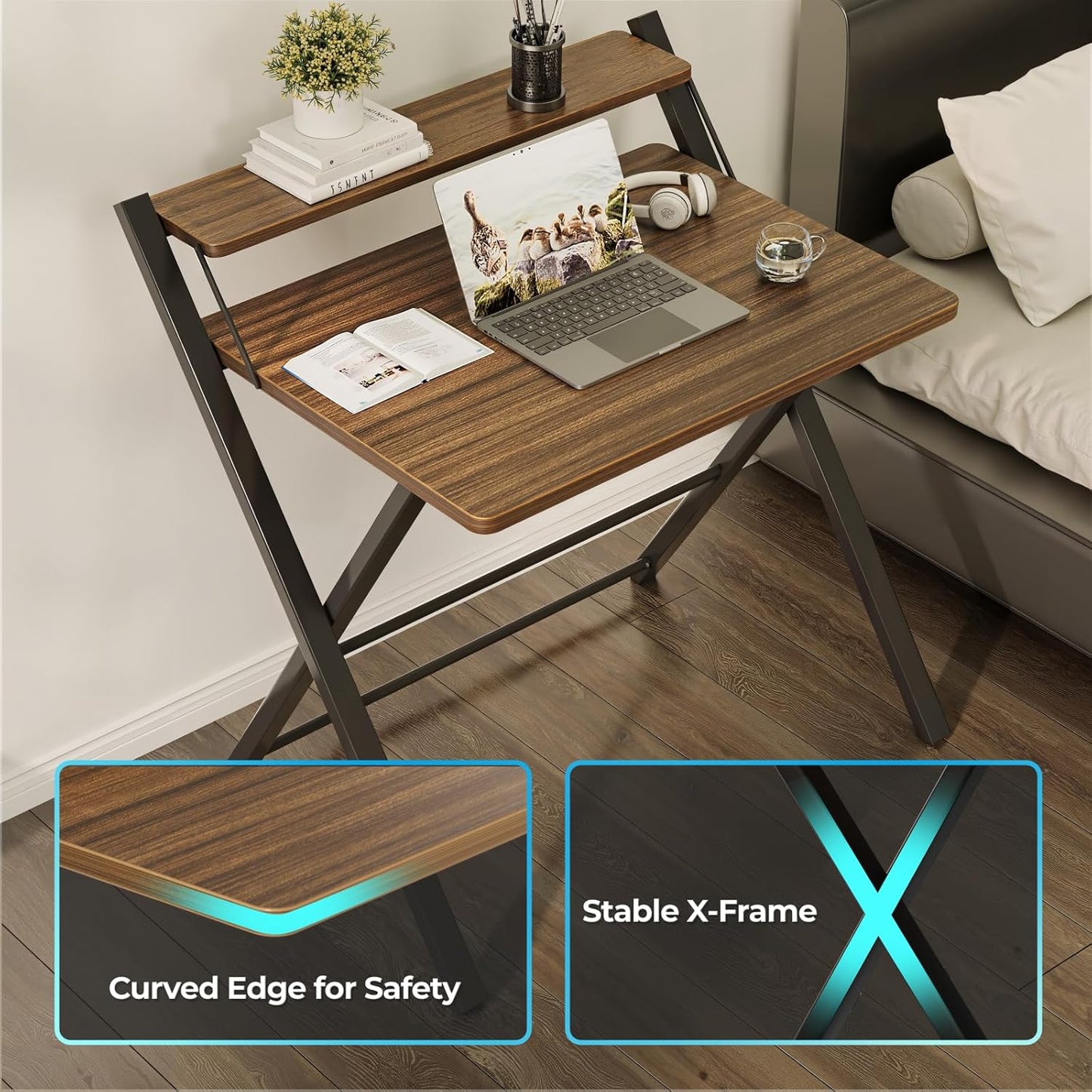 GreenForest No Assembly Folding Desk, 2-Tier Compact Computer Desk with Shelf, 30 inch Space Saving Foldable Table for Home Office, Dorm or Apartment, Portable Collapsible Sturdy Laptop Desk, Espresso