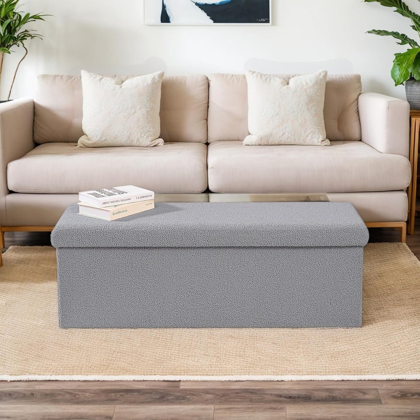 43 Inches Storage Ottoman Bench - Extra Large Foldable Ottoman with Storage, Bench for Living Room, Bedroom, Entryway - Grey