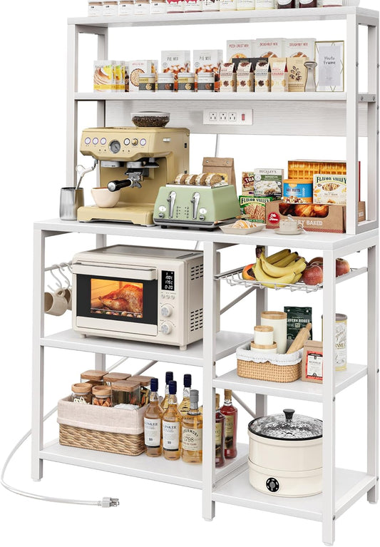 SUPERJARE Bakers Rack with Power Outlet, 35.4 Inches Coffee Bar with Wire Basket, Kitchen Microwave Stand with 6 S-Shaped Hooks, Open Storage Shelves, White