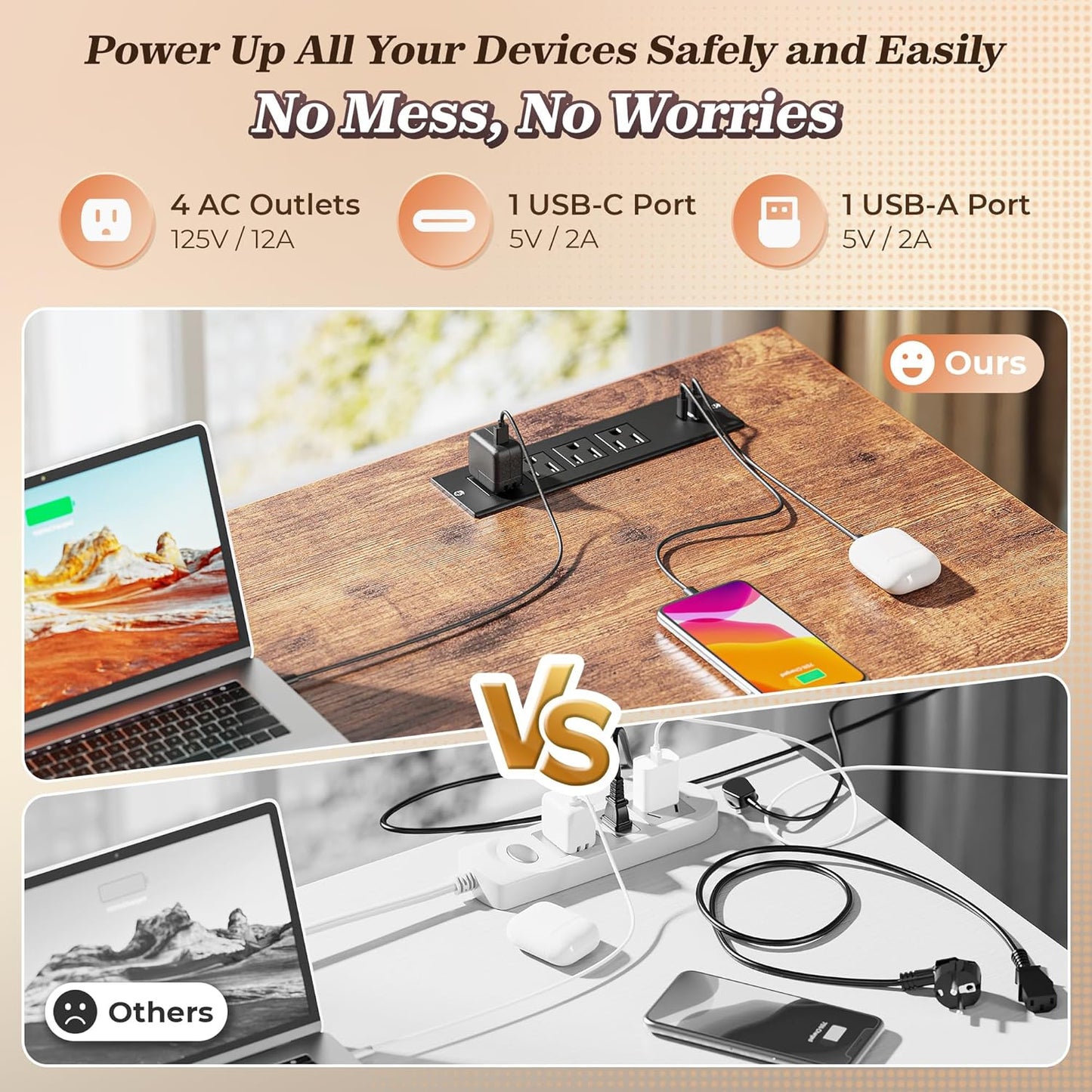 PRAISUN 53" L Shaped Desk with Power Outlets and USB-C Port, Reversible Computer Corner Office Desk with 4 Fabric Drawers and 2 Height-Adjustable Shelves, Large for Gaming Writing Study, Rustic Brown